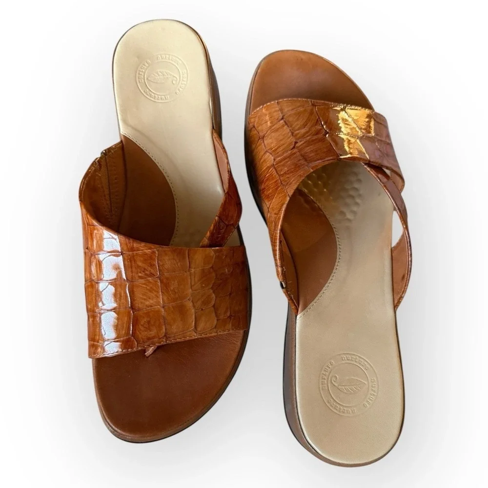 Nurture Slides Rich Brown Crocodile Patent Leather Womens US 6.5 Comfort Sandals - Picture 4 of 16